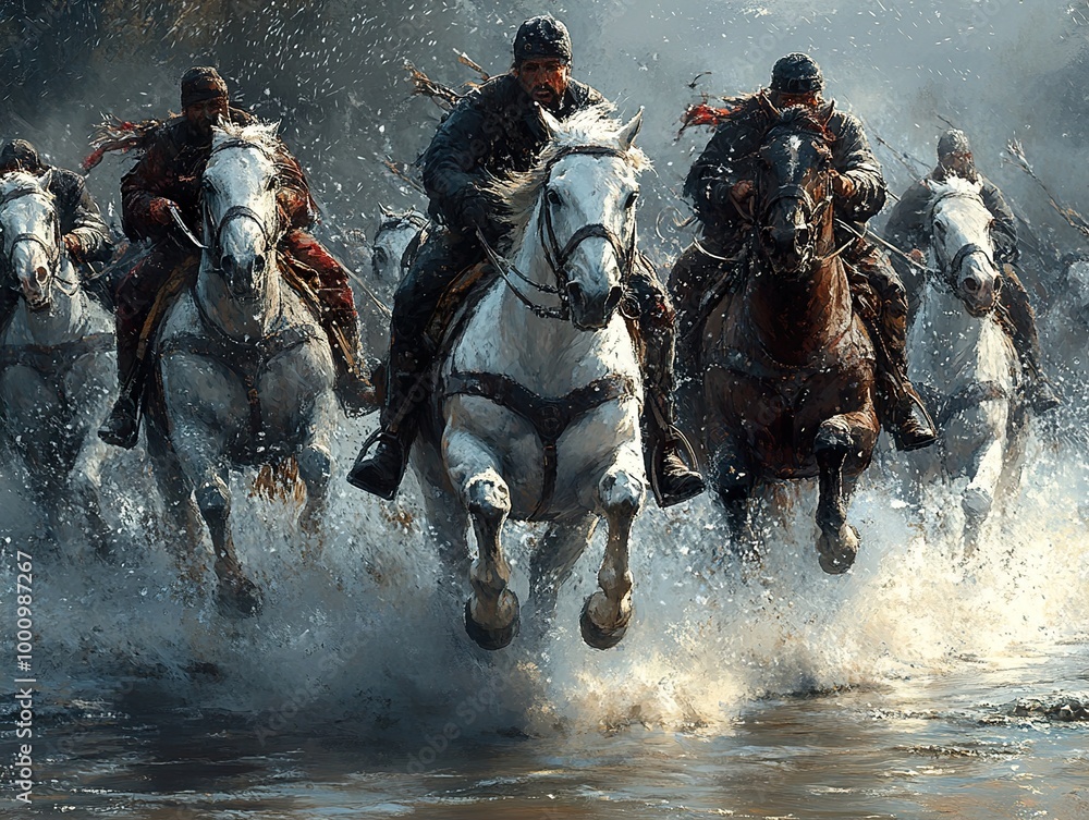 Charging Cavalry: A Dramatic Painting of Horsemen in Action Charging Cavalry: A Dramatic Painting of Horsemen in Action