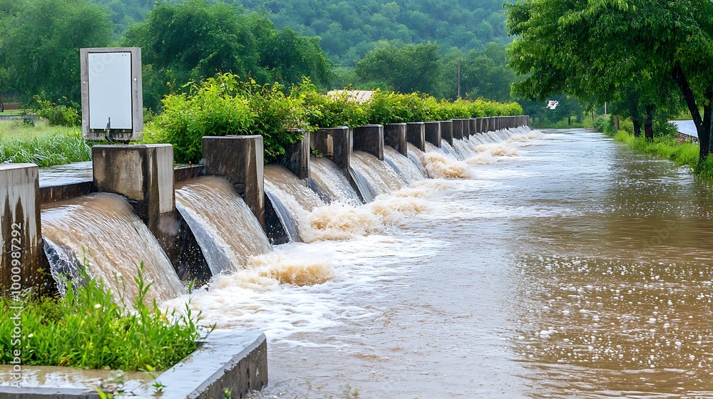 Flood Water Flowing Over Weir With Foamy Water Flood Water Flowing Over Weir With Foamy Water