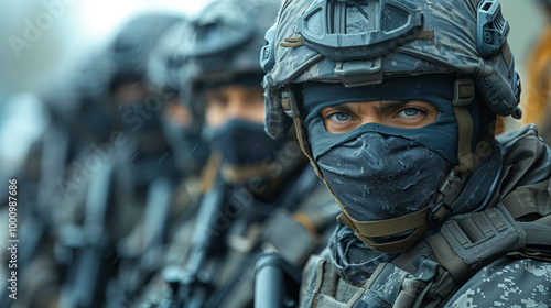 Close-Up of Masked Army Soldiers in Tactical Gear with Blurred Military Background