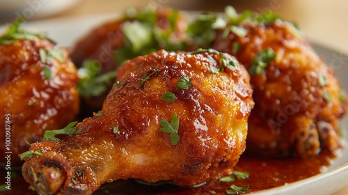 Delicious Fried Chicken Piece with Rich Sauce and Fresh Herbs on Plate for Ad Poster