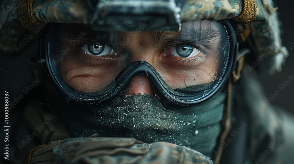 Close-Up of an Army Soldier in Tactical Mask with Serious Expression Against Dark Backdrop Close-Up of an Army Soldier in Tactical Mask with Serious Expression Against Dark Backdrop