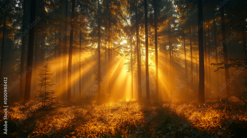 Obraz premium Enchanting Sunbeams Through Misty Forest: Golden Light Illuminating Autumn Woods