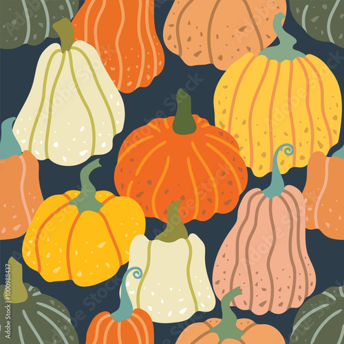 Trendy colourful autumn seamless pattern with different pumpkins. Vector illustration.