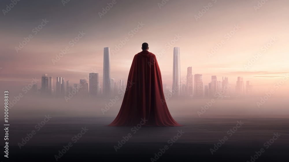 A silhouette in a cape stands before a futuristic cityscape shrouded in mist. A silhouette in a cape stands before a futuristic cityscape shrouded in mist.