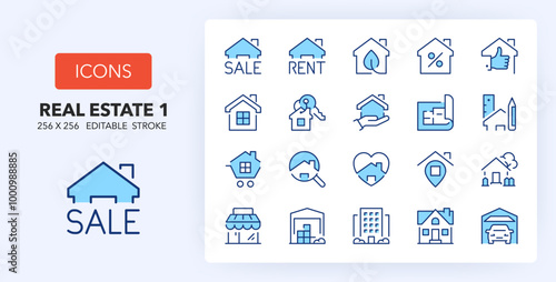 Line icons about real estate. Contains such icons as sale, location, industrial warehouse and more. 256x256 Pixel Perfect editable in two colors. Set 1 of 2