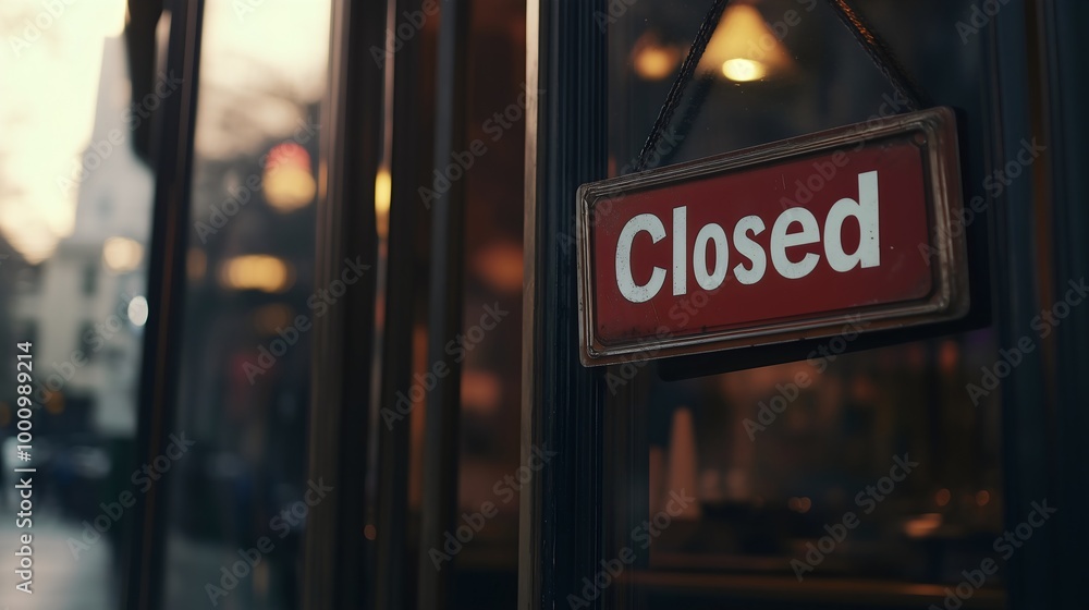A cafe sign hangs on the entrance front door of a small business, store is closed, message on the signboard with information about the restaurant's hours and retail services A cafe sign hangs on the entrance front door of a small business, store is closed, message on the signboard with information about the restaurant's hours and retail services