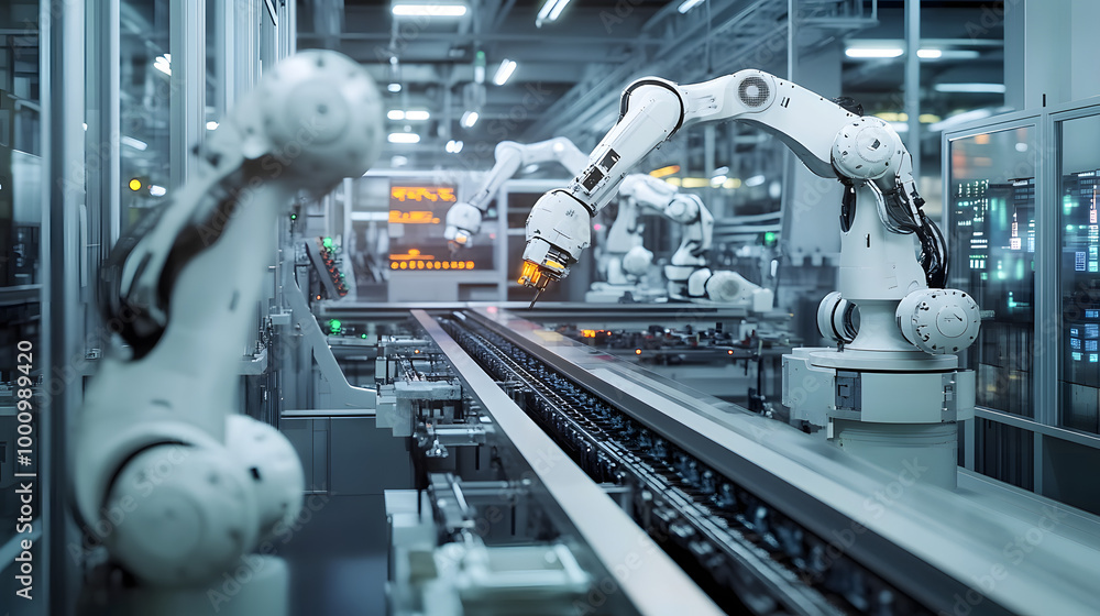 Engineering concept of an automated factory line with robotic arms and digital controls, highlighting efficiency and advanced manufacturing processes. Engineering concept of an automated factory line with robotic arms and digital controls, highlighting efficiency and advanced manufacturing processes.
