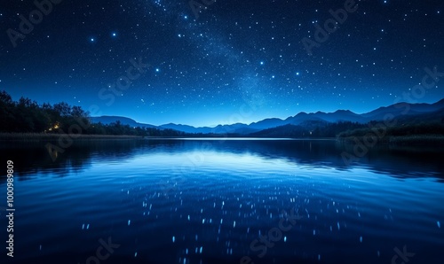 Starry Night Reflections on a Tranquil Lake with Gentle Ripples and Starlit Water, Peaceful Nature Scene under a Clear Sky, Dreamlike Night Landscape, Generative AI