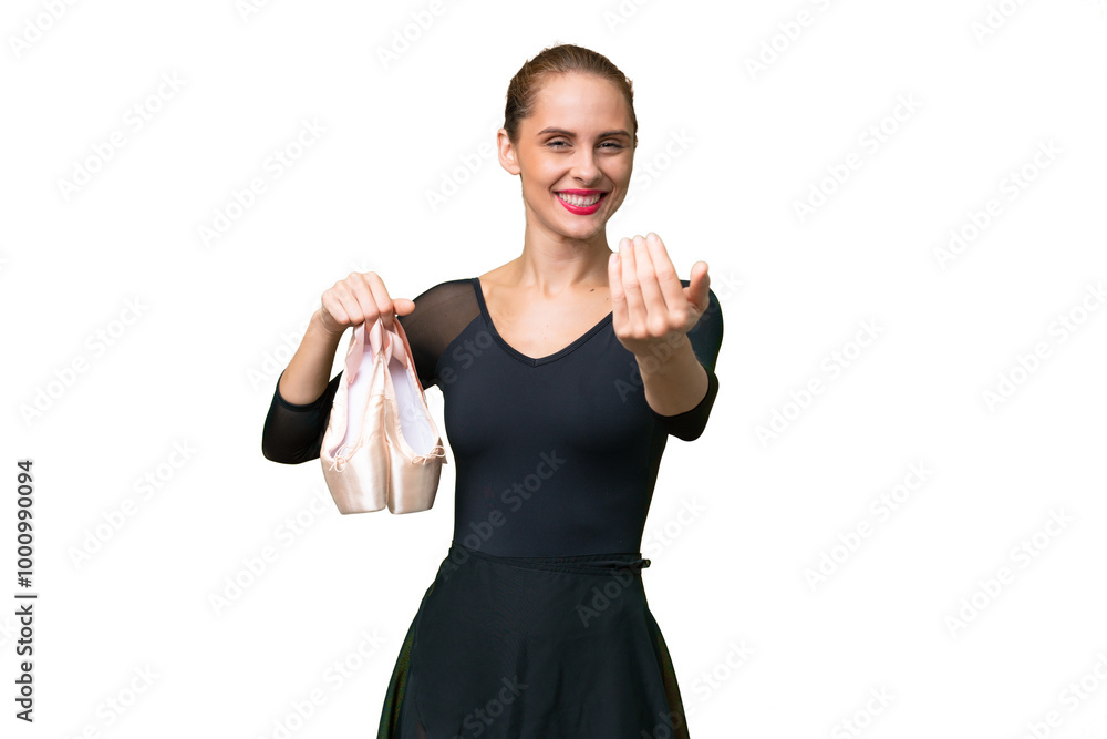 Young caucasian woman practicing ballet over isolated background inviting to come with hand. Happy that you came Young caucasian woman practicing ballet over isolated background inviting to come with hand. Happy that you came