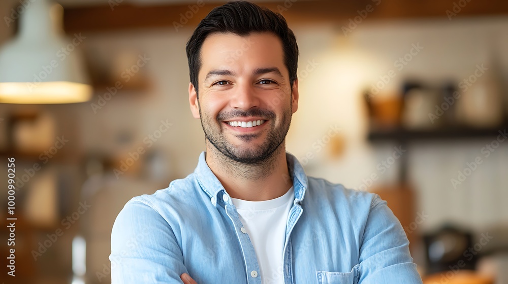 Confident man smiling in casual shirt with blurred background Confident man smiling in casual shirt with blurred background