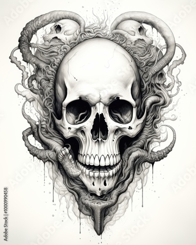 Illustration of a detailed skull intertwined with serpents and tentacles, suitable for tattoos, Halloween designs, or gothic-themed artwork, photo