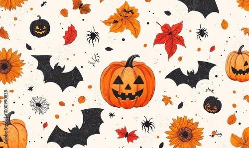 Festive Autumn Halloween Seamless Design with Glitter Pumpkins Bats Spider Webs Sunflowers Fall Leaves, Generative AI photo