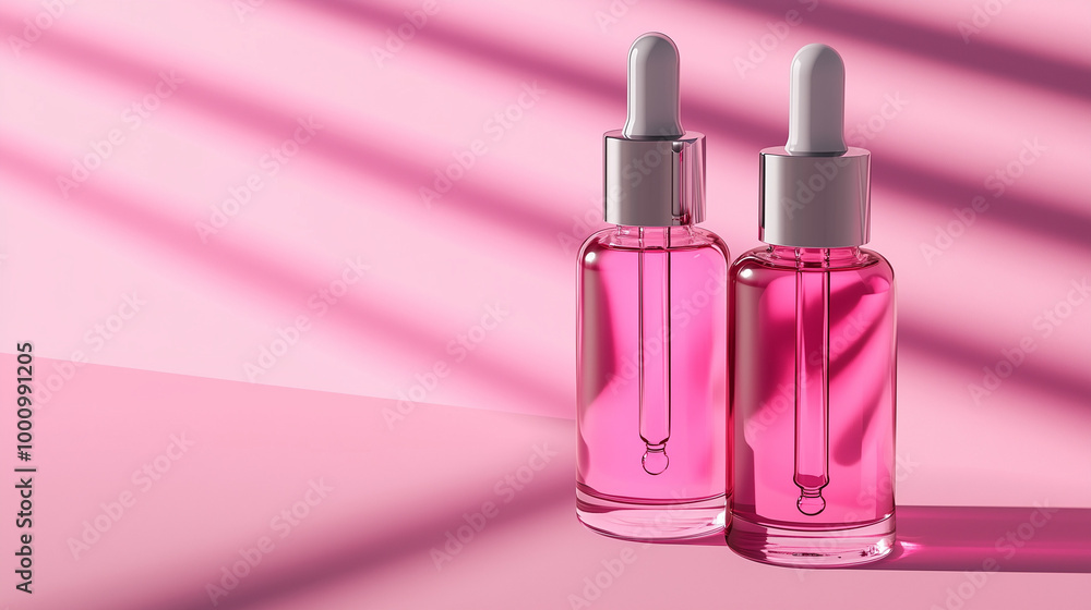 Pink glass dropper bottle with silver lid on an pink background Pink glass dropper bottle with silver lid on an pink background