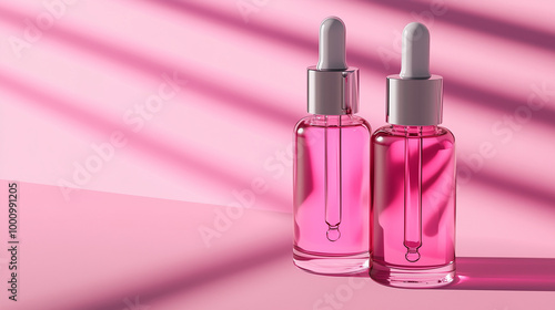 Pink glass dropper bottle with silver lid on an pink background