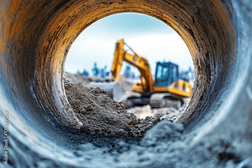 Large Round Concrete Pipe Hole with Blurry Foreground and White Background