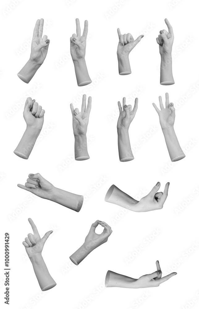 Hand gestures set, various finger signs collection, isolated on white background. Hand gestures set, various finger signs collection, isolated on white background.