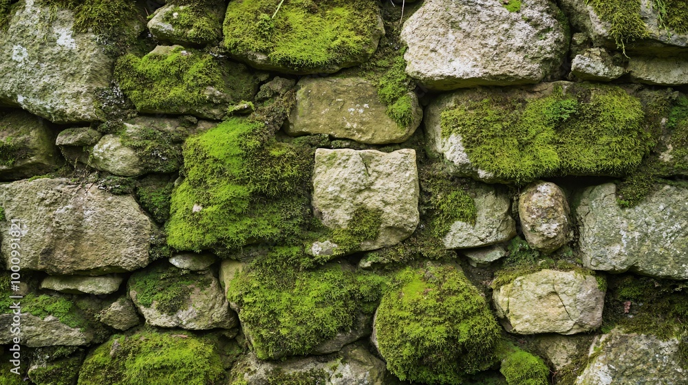 Closeup of a mossy stone wall with green moss growing on the surface. Closeup of a mossy stone wall with green moss growing on the surface.