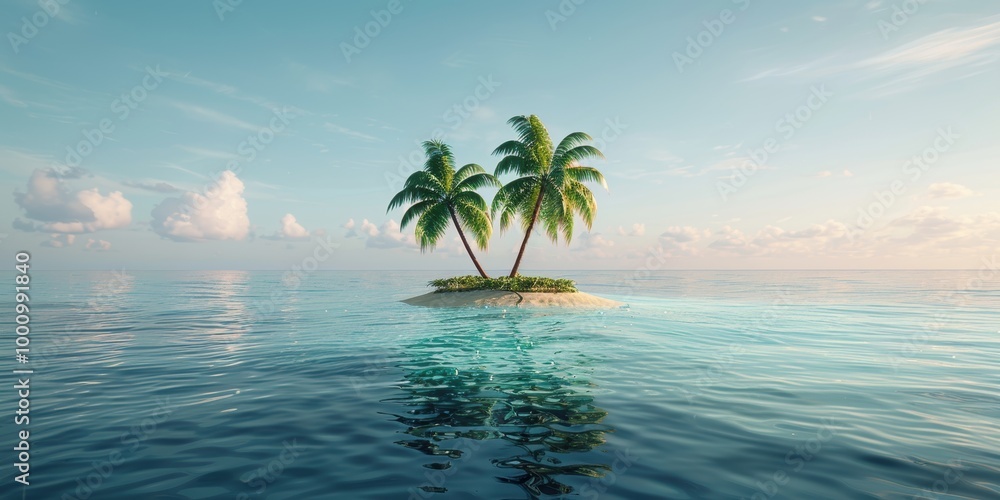 Fototapeta premium Tropical Paradise: Two Palm Trees on a Small Island