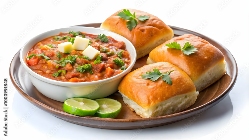 Pav bhaji with buttery bread rolls on a white background Pav bhaji with buttery bread rolls on a white background