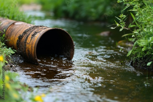 Selective Focus on Sewage Discharge into River, Highlighting Pollution Issues