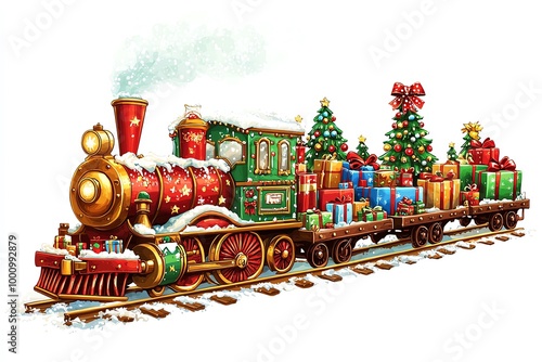 Festive train with presents and trees on white isolated background