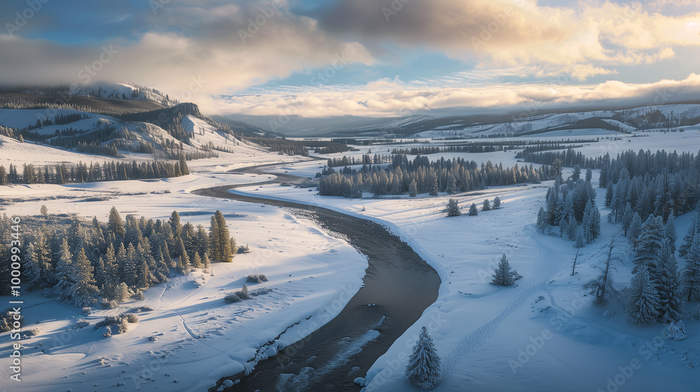 A winding river cutting through a snow-covered valley, framed by frosty trees and soft clouds in the distance. beautiful winter landscape wallpaper A winding river cutting through a snow-covered valley, framed by frosty trees and soft clouds in the distance. beautiful winter landscape wallpaper