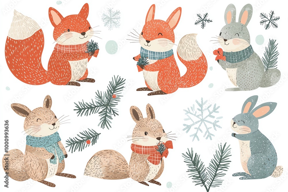 Obraz premium Cute woodland animals with winter scarves, white isolate background