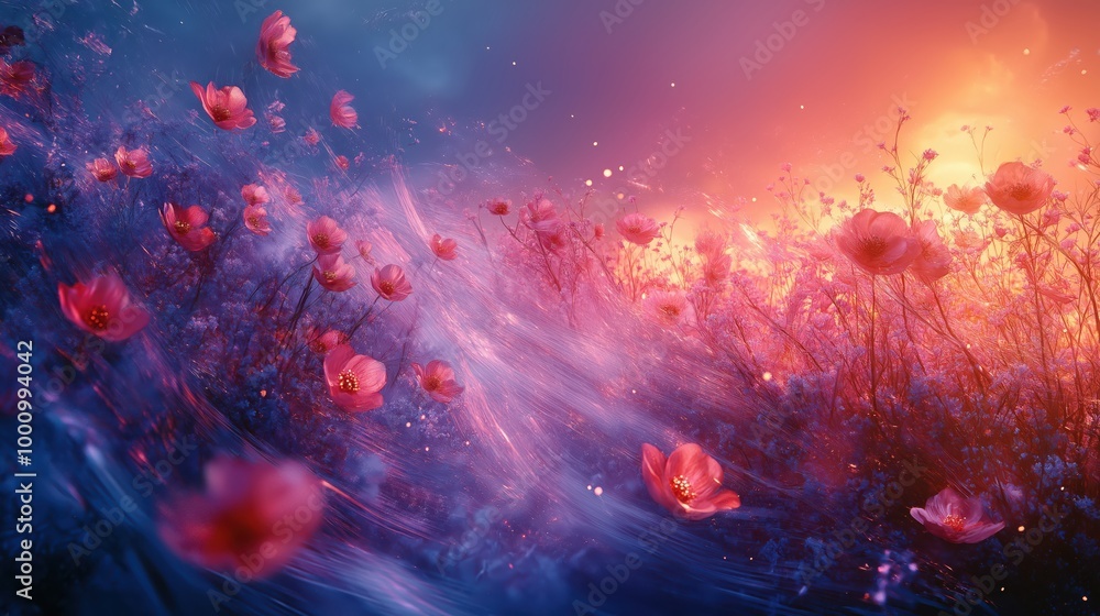 A dreamlike meadow full of pink flowers sways under a vividly colorful and glowing sunset sky, evoking tranquility. A dreamlike meadow full of pink flowers sways under a vividly colorful and glowing sunset sky, evoking tranquility.
