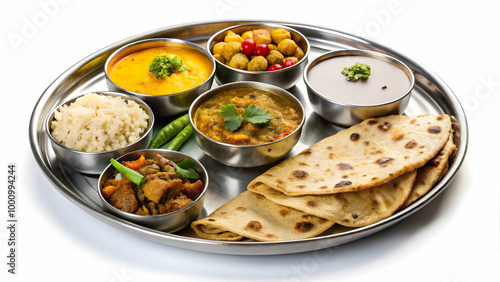 A thali with roti, dal, sabzi, and pickles on a white background