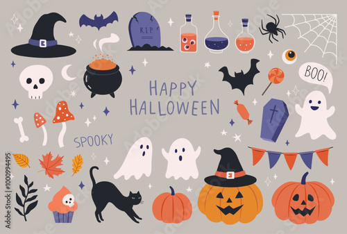 Halloween cute elements set pumpkins, ghosts, bat, tomb, grave, coffin, skull, candy, potion, bat, witch cauldron, black cat, bone, spider web, moon, cake etc. Cartoon flat style. Vector illustration