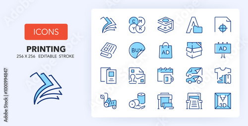 Line icons about printing industry. Contains such icons as merchandising, typographies, branding and more. 256x256 Pixel Perfect editable in two colors