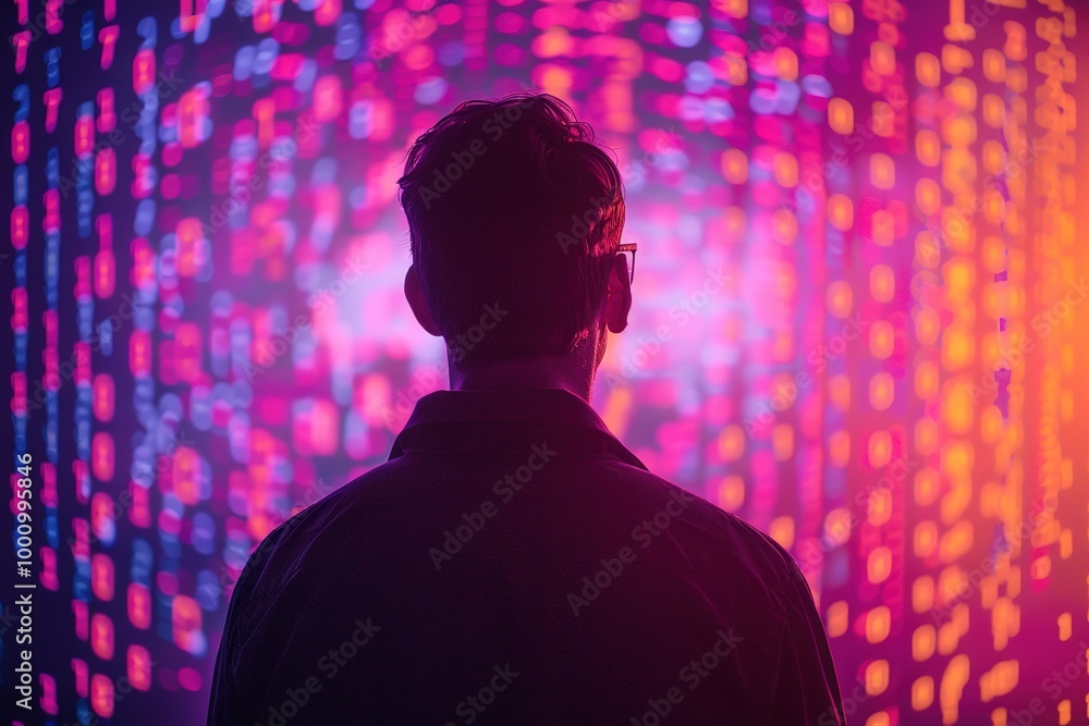Rear view of young man looking at binary code, Ai Generated Rear view of young man looking at binary code, Ai Generated