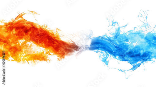 Vivid Fire and Water Fusion Energetic Splash of Orange and Blue Liquids On Transparent Background