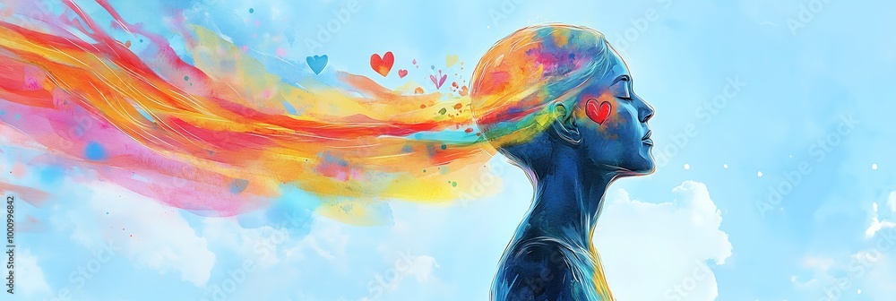 Obraz premium Watercolor Human Figure with Emotions as Flowing Paint Streams, Surrounded by Affirmations for Mental Health
