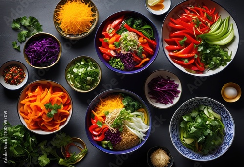 colorful display chinese cuisine ingredients vibrant bowls featuring fresh spices arranged visual delight, vegetable, herb, array, culinary, arrangement