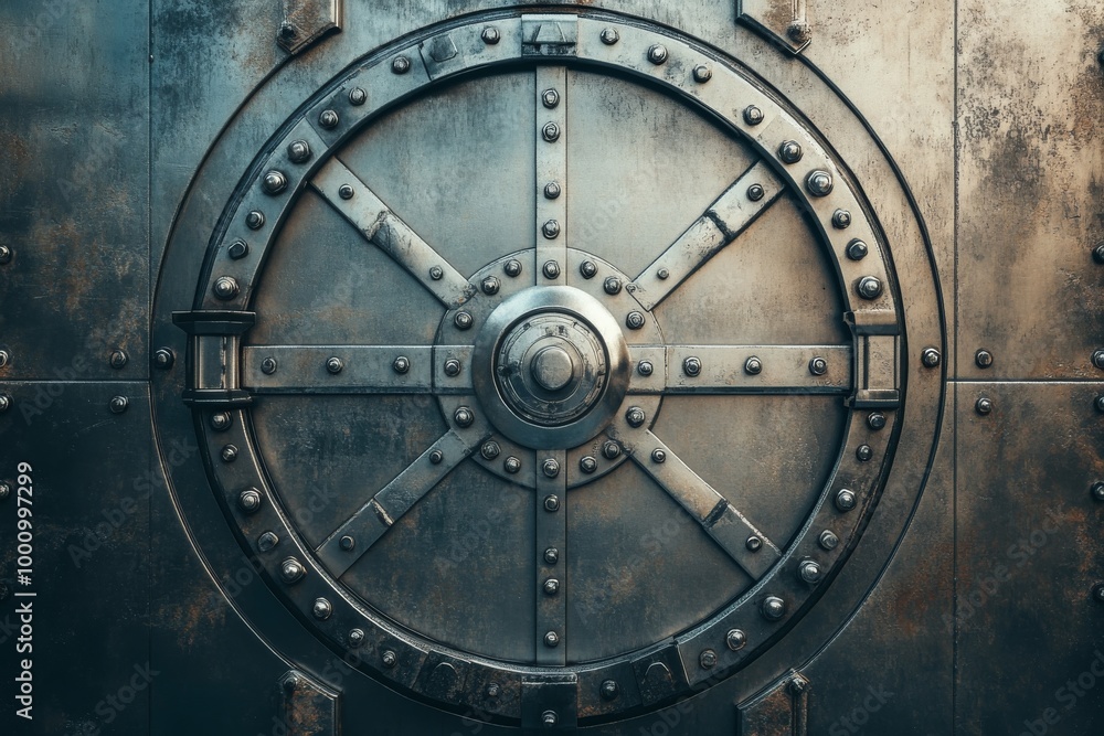 Naklejka premium Close-up of a silver vault door emphasizing strength and protection