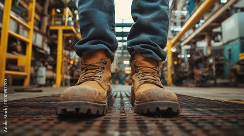 Close-up of a safety working shoe on a worker's feet in a factory setting