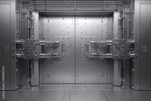Front view of a light silver bank vault door in a closed position