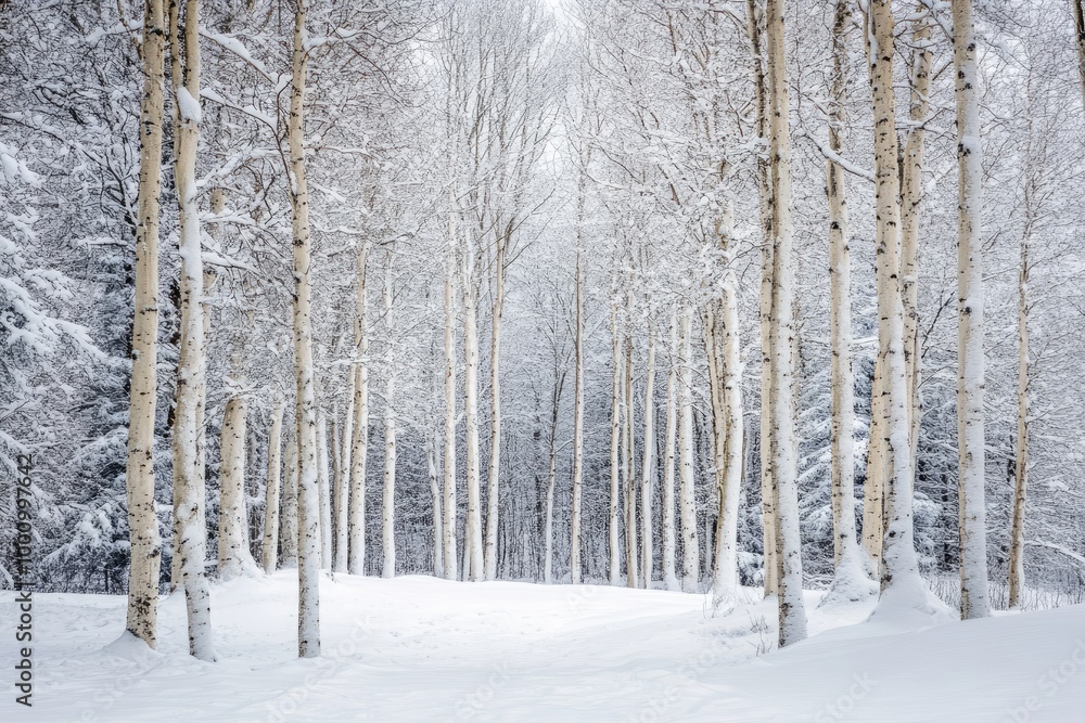 Fototapeta premium Snow-Covered Birch Trees in a Winter Forest