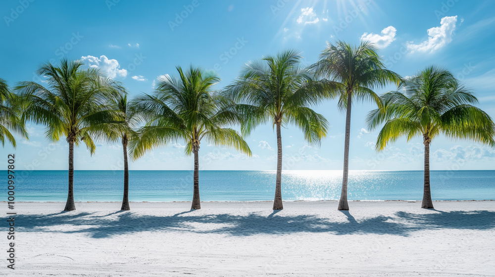 Rząd palm otaczający biały piasek na tle lśniącego oceanu. Rząd palm otaczający biały piasek na tle lśniącego oceanu.