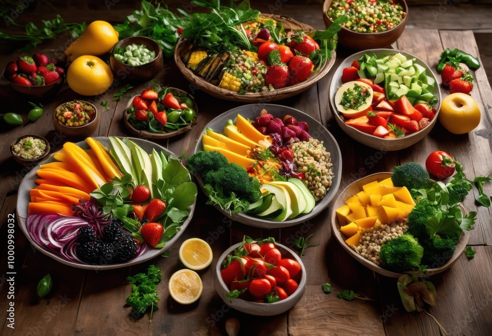colorful plant based meal arrangement rustic wooden table highlighting fresh wholesome ingredients, vegetables, fruits, dish, design, colors, salad, bowl colorful plant based meal arrangement rustic wooden table highlighting fresh wholesome ingredients, vegetables, fruits, dish, design, colors, salad, bowl