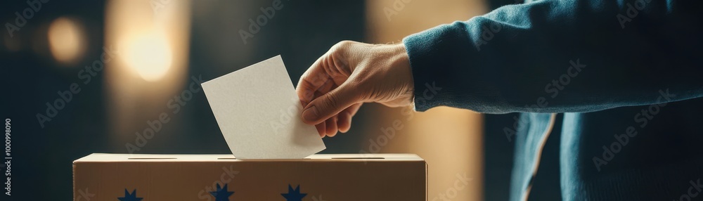 Close-Up of Hand Casting Vote in Ballot Box During Election with Blurred Background Close-Up of Hand Casting Vote in Ballot Box During Election with Blurred Background