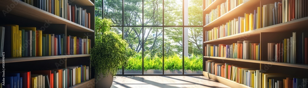 Modern Library with Floor-to-Ceiling Windows Overlooking a Lush Green Forest Modern Library with Floor-to-Ceiling Windows Overlooking a Lush Green Forest