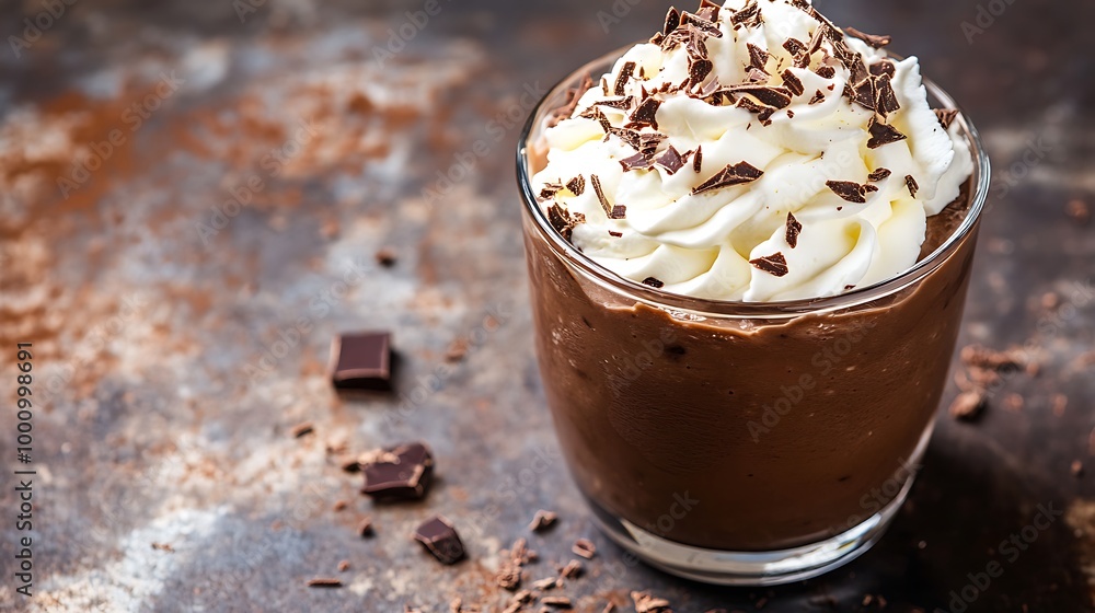 A decadent chocolate mousse topped with whipped cream and chocolate shavings A decadent chocolate mousse topped with whipped cream and chocolate shavings