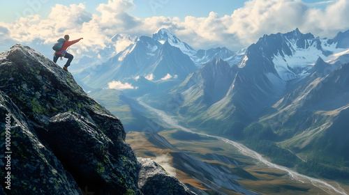 A climber reaches for a rocky outcrop at the mountain peak, showcasing determination amidst stunning valley landscapes and expansive mountain ranges in the background