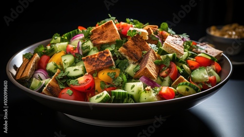 a sumptuous serving of fattoush salad, a middle eastern dish consisting of  chopped salad wtih varieties of fresh herbs and pita chips for croutons, drizzled in a zesty lime vinaigrette photo