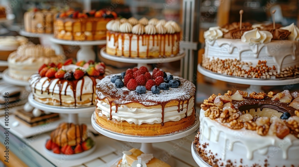 patisserie showcase, various cream cakes, fruit, chocolate, caramel cakes patisserie showcase, various cream cakes, fruit, chocolate, caramel cakes