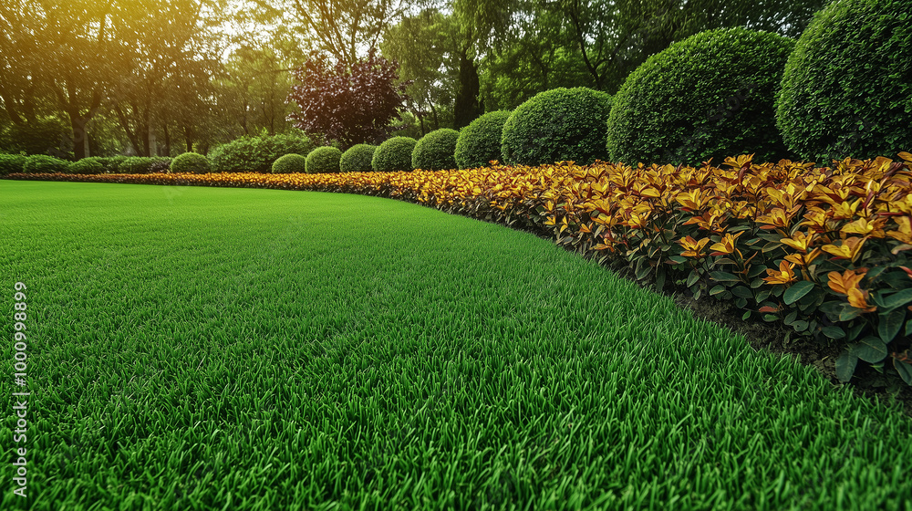 Naklejka premium Pięknie przycięty trawnik otoczony kwiecistymi rabatkami i liściastymi krzewami tworzy idealne miejsce do relaksu na świeżym powietrzu. 