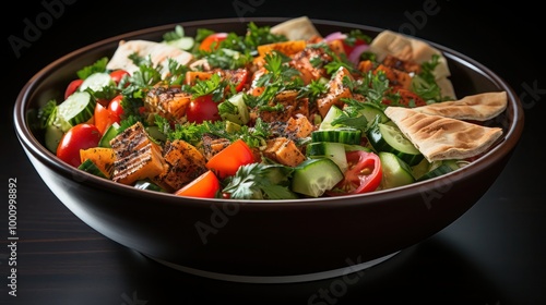 a sumptuous serving of fattoush salad, a middle eastern dish consisting of chopped salad wtih varieties of fresh herbs and pita chips for croutons, drizzled in a zesty lime vinaigrette