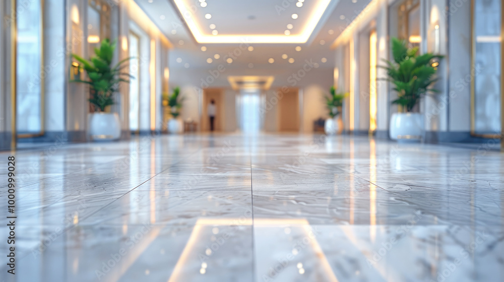 A luxurious and modern hotel hallway, empty space with marble flooring, elegant lighting, and potted plants. Selective focus.